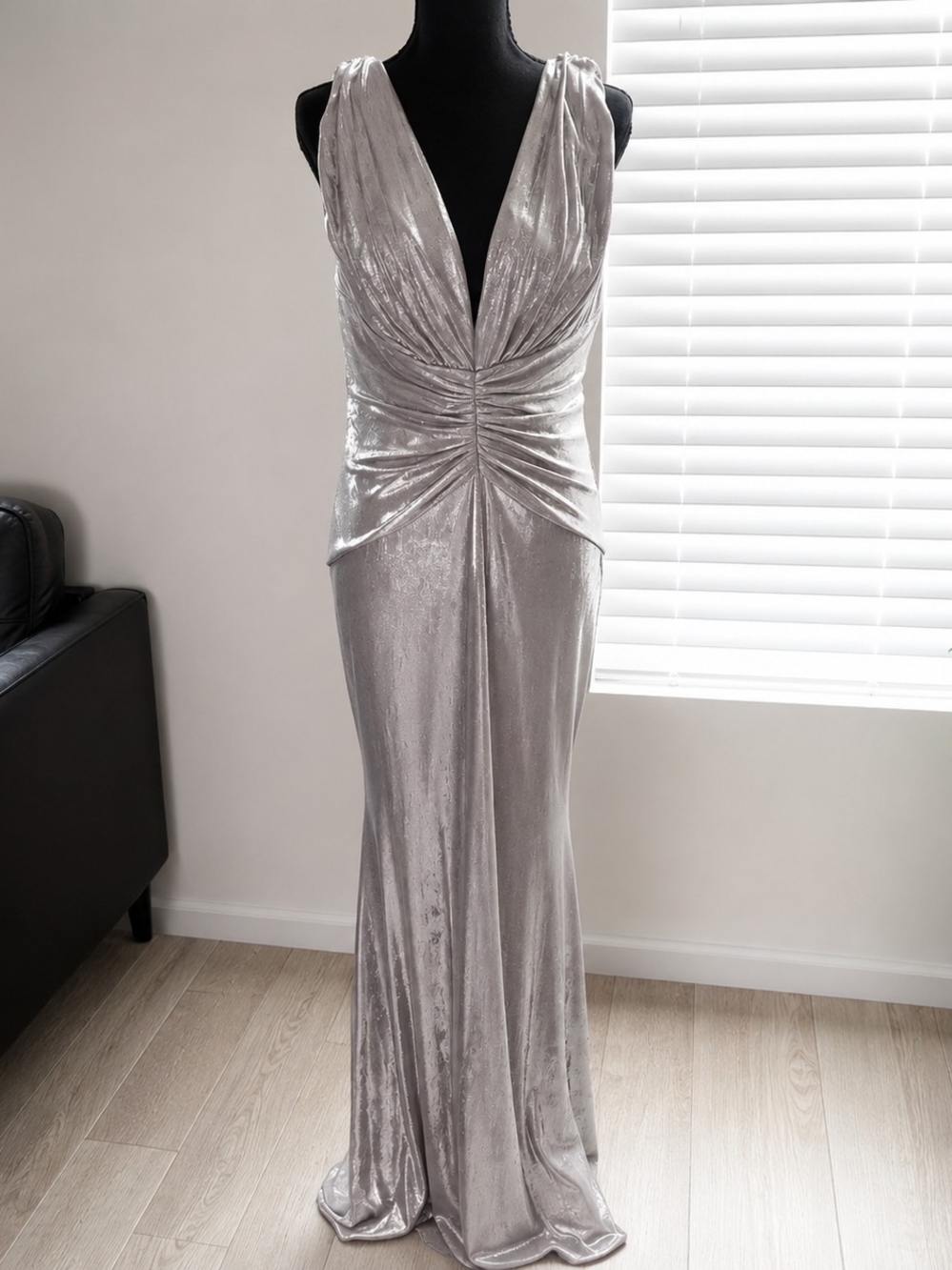 Silver V-Neck Gathered Waist Evening Gown